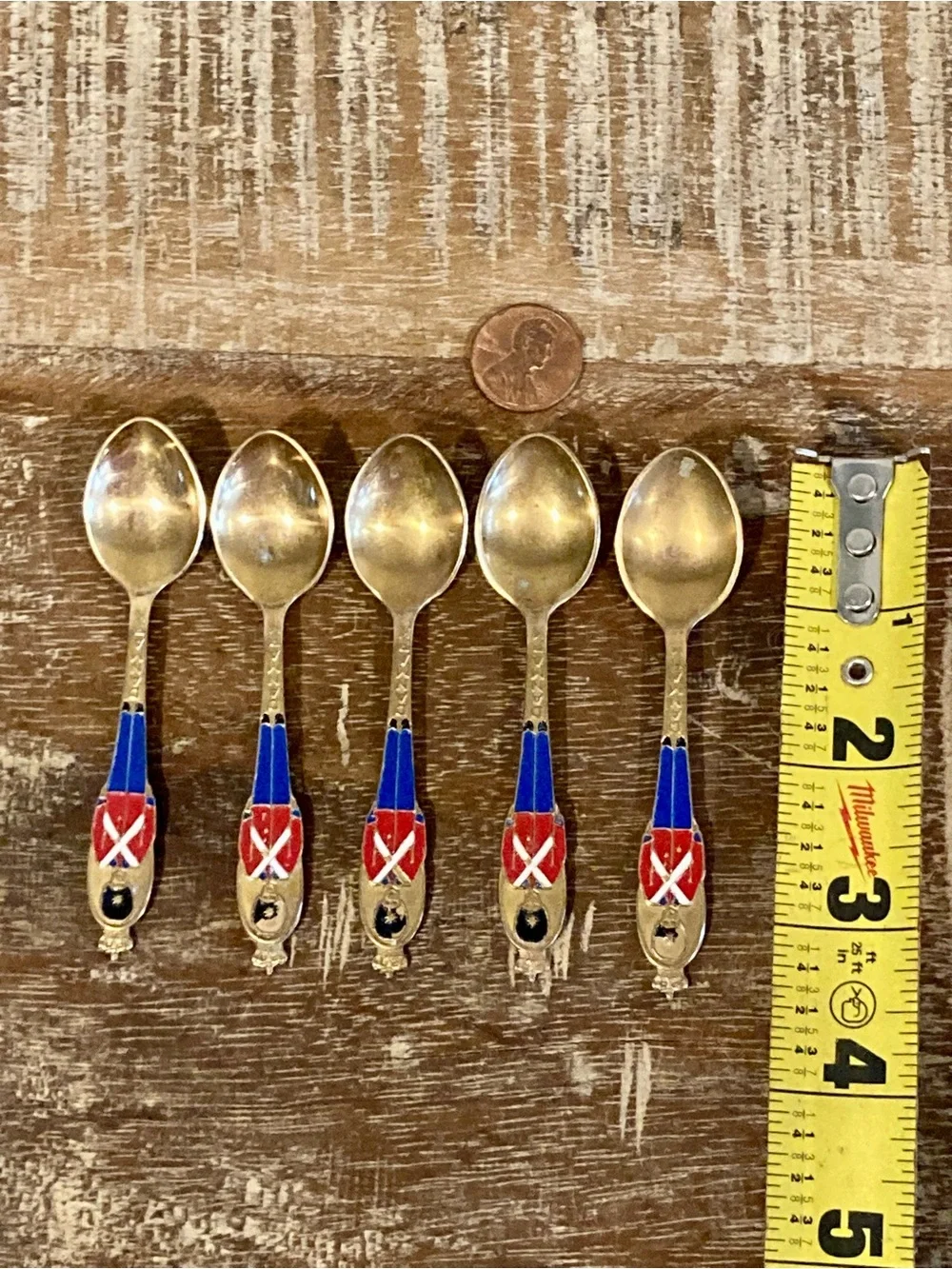 5 Vintage Gold Plated Souvenir Demitasse Spoons Denmark Soldiers